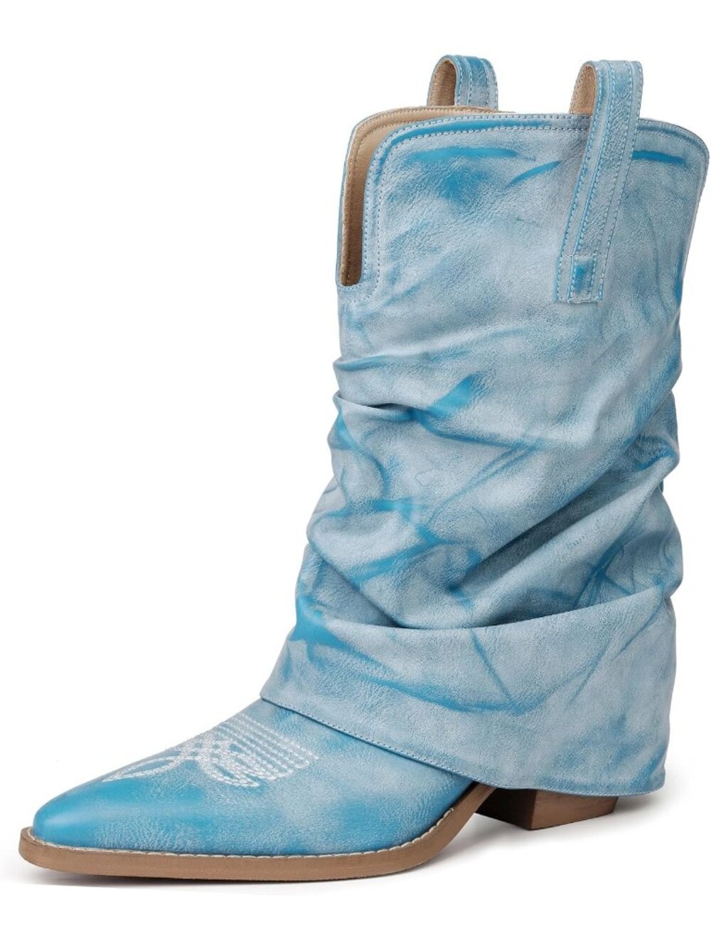 Women's Baby Blue Faux Leather Pointed Toe Fashion Riding Casual Cowgirl Boots